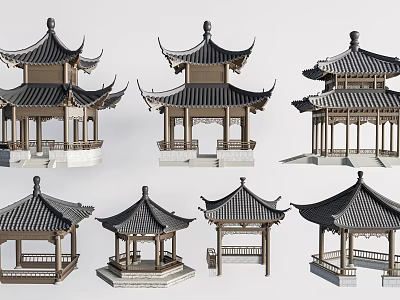 Chinese Traditional Pavilions Architectural Models With Various Classic Roof And Structure Designs 3d model