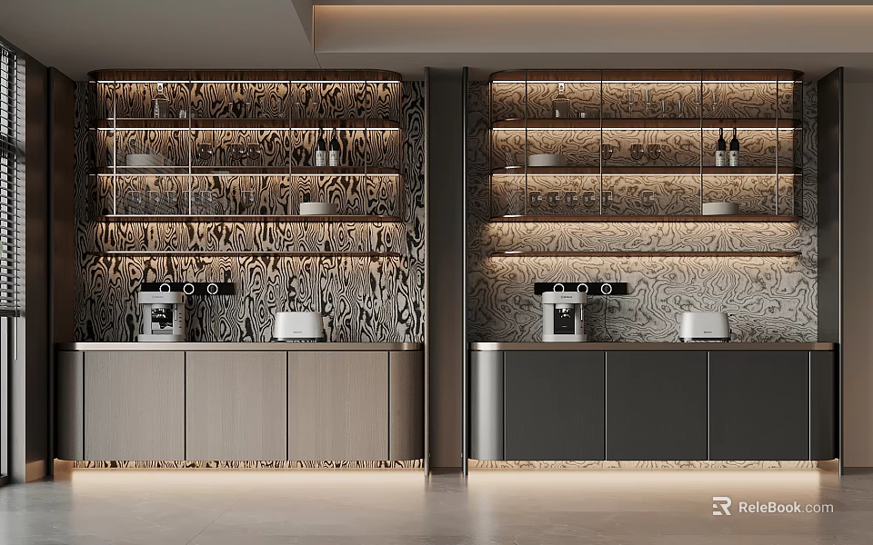 Modern Sideboard Design With Cabinets Glass Shelves Bottles Cups And Patterned Wall Lighting 3d model 
