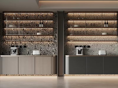 Modern Sideboard Design With Cabinets Glass Shelves Bottles Cups And Patterned Wall Lighting 3d model