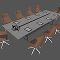 Modern Long Conference Table with Brown Chairs White Mats and Digital Clock 3d model