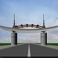 Modern Entrance Gate With Large White Curved Top Wooden Decoration White Pillars And Wide Road