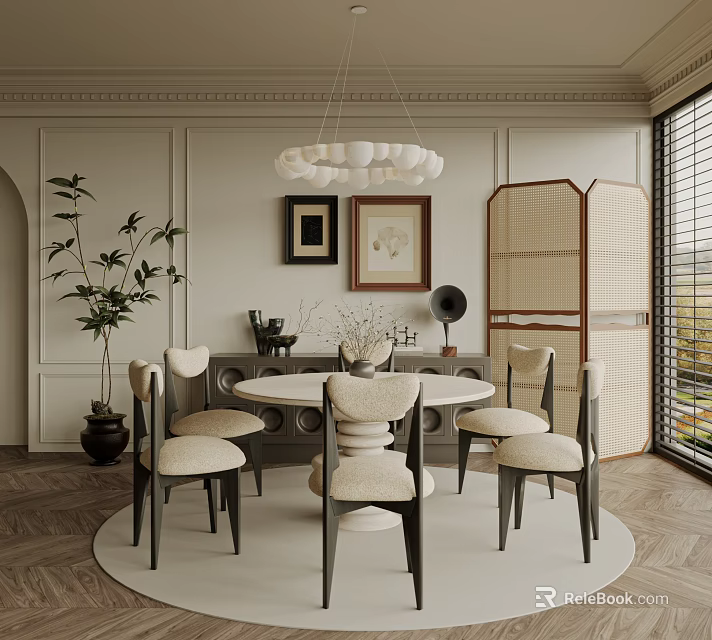 Modern Restaurant Interior Featuring Round Dining Table Chairs Pendant Light Rattan Screen And Potted Plant 3d model 