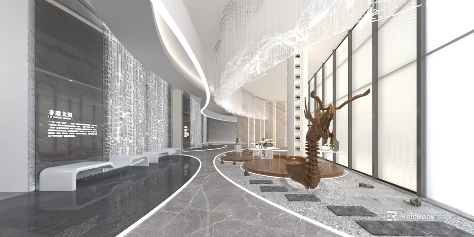 Modern Exhibition Hall Interior With Marble Flooring Art Sculpture Chandelier And Glass Walls 3d model 