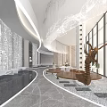 Modern Exhibition Hall Interior With Marble Flooring Art Sculpture Chandelier And Glass Walls