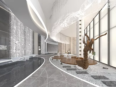Modern Exhibition Hall Interior With Marble Flooring Art Sculpture Chandelier And Glass Walls 3d model