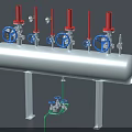 Industrial Equipment Cylindrical Tank With Red Valve Tops Blue Handles Pressure Gauge And Pipes