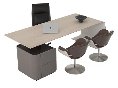 Wooden Office Desk With Laptop Black Bowl Black Office Chair Brown Chairs And Gray Cabinet 3d model