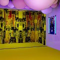 Vibrant Graffiti Art Interior With Colorful Balloons Purple Blue Lighting And Yellow Corridor