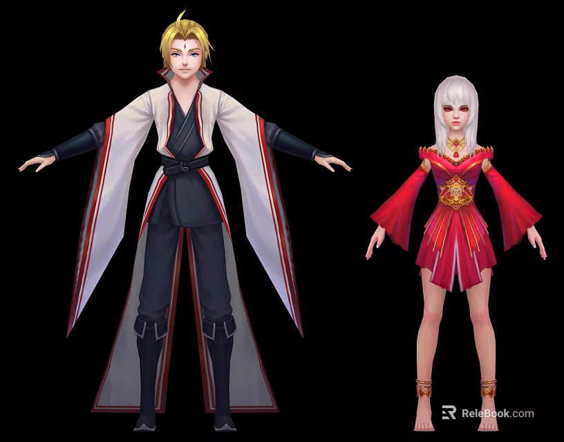 Game Movie Characters with Blonde Silver Hair in White Black Kimono and Red Dress 3d model 