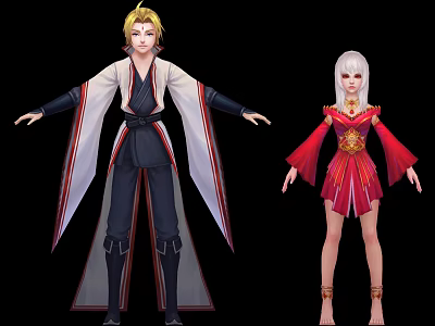 Game Movie Characters with Blonde Silver Hair in White Black Kimono and Red Dress 3d model