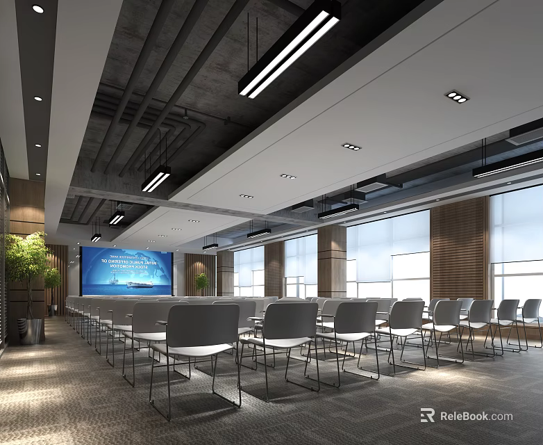 Modern Conference Room Interior Design With Large Screen Arranged Seating And Windows 3d model