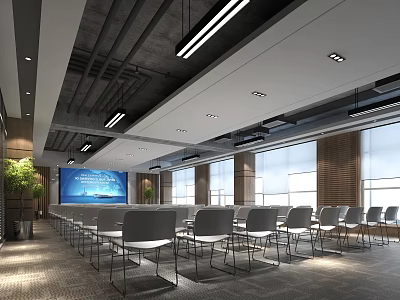 Modern Conference Room Interior Design With Large Screen Arranged Seating And Windows 3d model