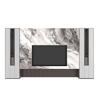 Modern Marble TV Wall Design With White Side Columns And Black Flat Screen TV 3d model