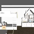 Bright Cozy Kids Room with Bunk Bed House Shaped Bookshelf Table Chairs and Green Plant