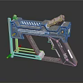 Detailed 3D Metallic Mechanical Weapon Model With Barrel Frame And Stand