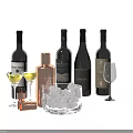 Wine Bottles And Glasses With Copper Shaker Ice Bowl And Cocktail Glasses