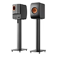 High Quality Black Speakers With Orange Drivers On Sturdy Stands For Home Audio