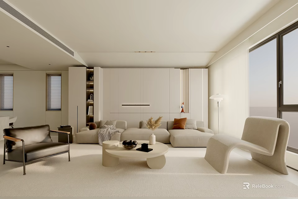 Modern Living Room Interior With Light-colored Sofa Coffee Table And Floor-to-ceiling Windows 3d model