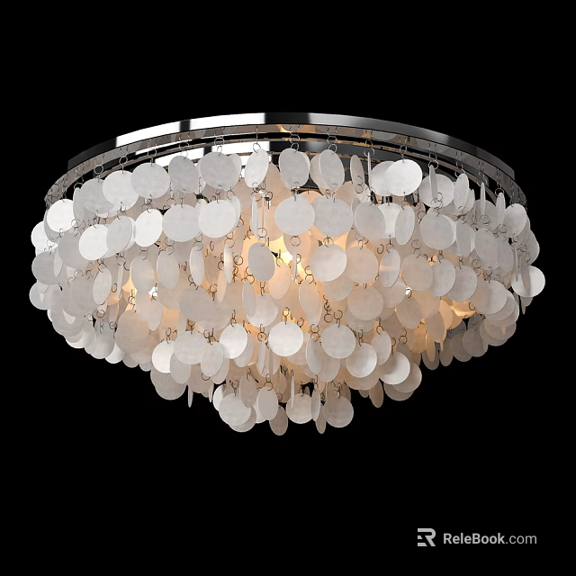 Modern White Shell Shaped Chandelier with Circular Frame and Hanging Decorative Discs 3d model