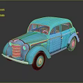 Vintage Blue Sedan Car Model with Classic Rounded Body on Reflective Black Surface