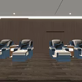 Relaxing SPA Sauna Interior With Dark Wooden Walls Warm Lighting And Blue Cushion Chairs
