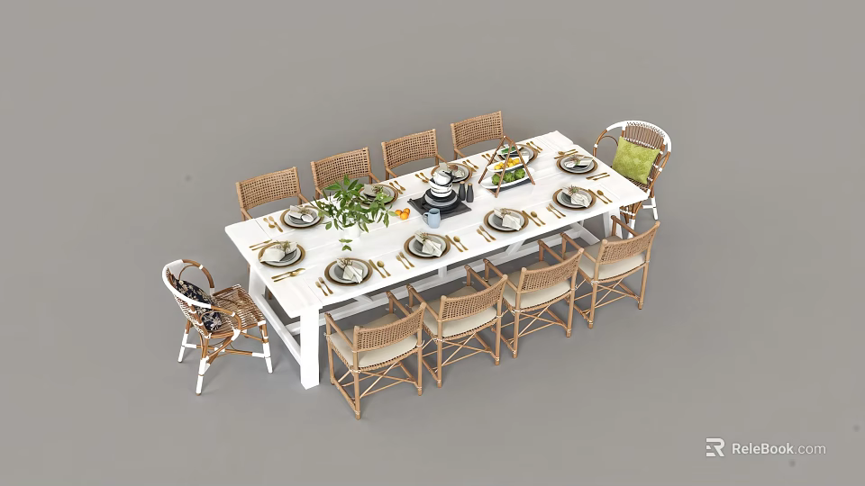 Large White Dining Table Set With Woven Rattan Chairs And Elegant Table Settings For Home 3d model 