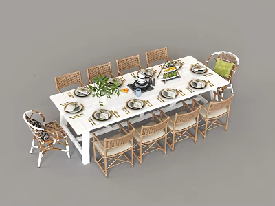 Large White Dining Table Set With Woven Rattan Chairs And Elegant Table Settings For Home 3d model
