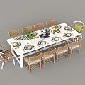 Large White Dining Table Set With Woven Rattan Chairs And Elegant Table Settings For Home