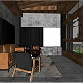Modern Hotel Guest Room Interior With Wooden Ceiling Sofa Coffee Table And Marble Wall