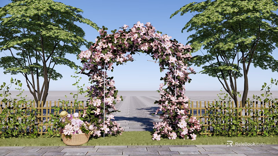 Commercial Equipment Pink Flower Arch With Green Trees Stone Path Flower Basket And Wooden Fence 3d model 