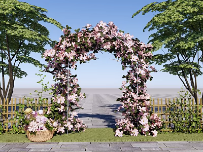 Commercial Equipment Pink Flower Arch With Green Trees Stone Path Flower Basket And Wooden Fence 3d model