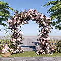 Commercial Equipment Pink Flower Arch With Green Trees Stone Path Flower Basket And Wooden Fence