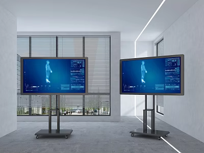 Modern TVs with Blue Screens on Wheeled Stands in Contemporary Interior with Blinds and Windows 3d model