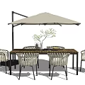 Outdoor Wooden Dining Table And Rattan Chairs Set With White Umbrella And Plant Decor