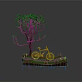 Purple Bicycle Parked Under Green Tree On Green Platform With Gray Background