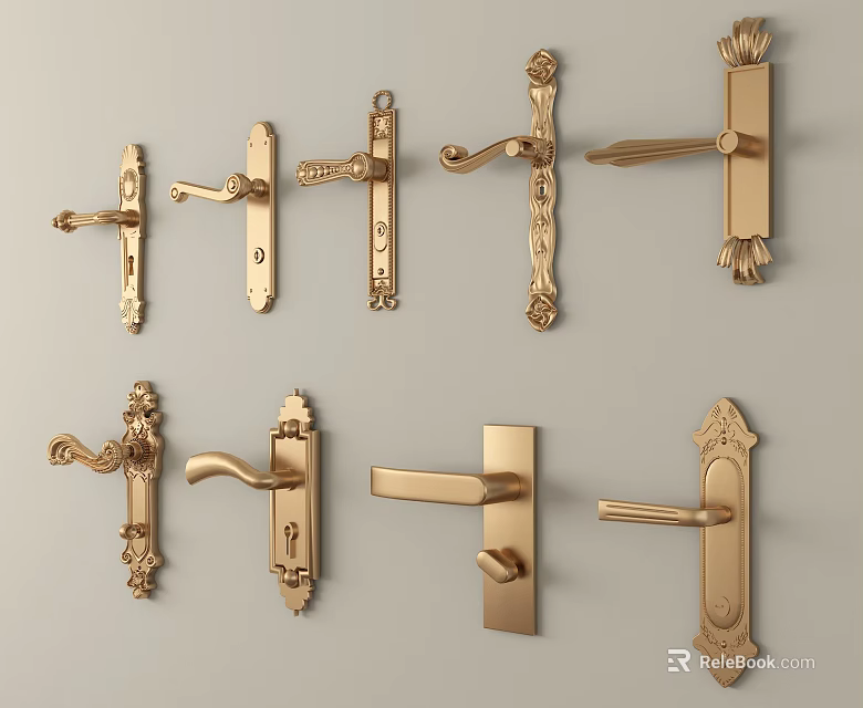 Golden Decorative Door Handles Collection With Various Vintage And Modern Styles 3d model 