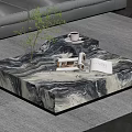 Modern Marble Coffee Table With Green Plant Open Magazine And Coffee Cup On Carpet