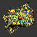 Table with Blue Yellow Floral Tablecloth and Traditional Red Matryoshka Doll