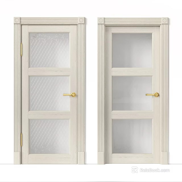 White Swing Door With Glass Panels And Golden Handles Decorative Frame 3d model 