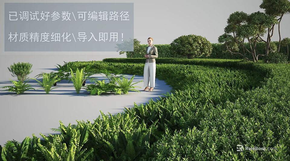 Lush Green Shrubs in Well Designed Garden Landscape with Pathway and Plants 3d model 