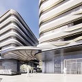 Modern Symmetrical Office Building Exterior with Glass Curtain Walls Entrance and Blue Sky