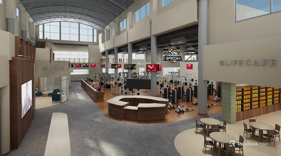 Spacious Modern Gym Interior With Fitness Equipment Central Area And Bright Windows 3d model 