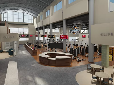 Spacious Modern Gym Interior With Fitness Equipment Central Area And Bright Windows 3d model