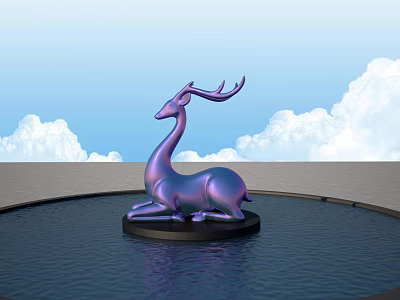 Purple Deer Sculpture Carving In Circular Pool With Blue Sky White Clouds 3d model