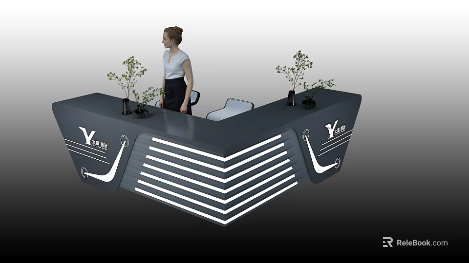 Sleek Y ELEVEN Reception Desk With Plants And Standing Woman In Modern Design 3d model 