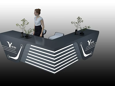 Sleek Y ELEVEN Reception Desk With Plants And Standing Woman In Modern Design 3d model