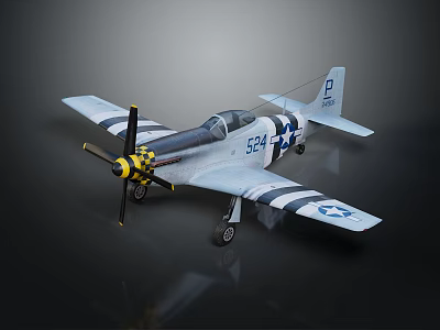 Vintage Gray Fighter Plane With 524 Number Star Stripes Insignia And Yellow Propeller 3d model