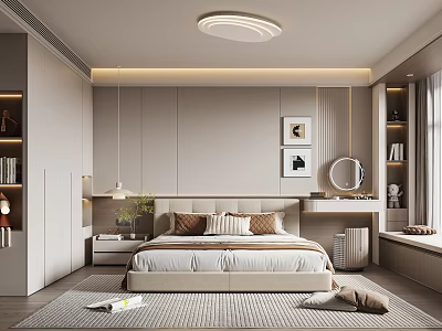 Modern Beige Bedroom Interior Design With Bed Dresser Round Mirror Bookshelf And Decorative Paintings 3d model