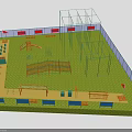 Colorful Children's Playground Design With Climbing Frames Slides Swings Benches Green Flooring And Safety Fencing