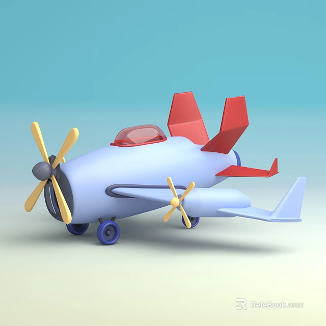 Colorful Toy Passenger Plane With Blue Body Red Tail Yellow Propellers And Purple Wheels 3d model 